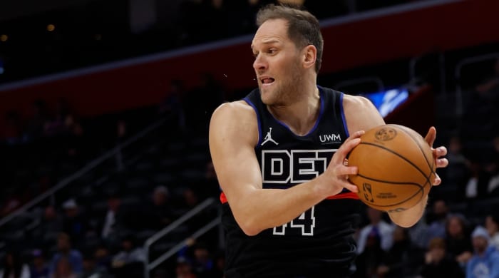 Detroit Pistons forward Bojan Bogdanović grabs the rebound in the first half against the Minnesota Timberwolves at Little Caesars Arena in Detroit on Jan. 17, 2024